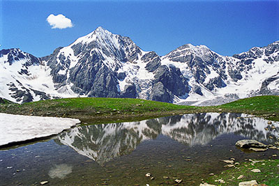 Italien, Trentino-Südtirol, Südtiroler Alpen,Vinschgau, Wasserspiegelung in der Nähe der Madtritschhütte (2817 m) mit Ortlergruppe im Hintergrund