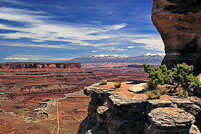 USA, Utah, Colorado Plateau,Canyonlands National Park, Am Shafer Canyon Overlook mit La Sal Mountains im Hintergrund