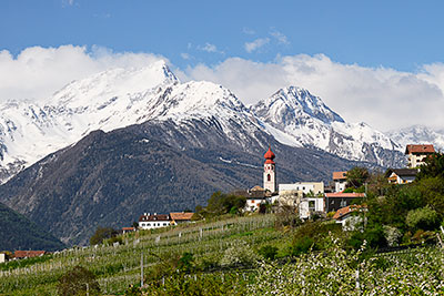 Italien, Trentino-Südtirol, Südtiroler Alpen,Vinschgau, Tschars mit Weißwand (2778 m) und Jennwand (2962 m)