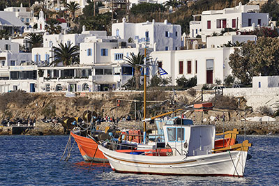 Griechenland, Südliche Ägäis, Kykladen,Mykonos, Am Alten Hafen mit Blick in Richtung Busterminal Old Port