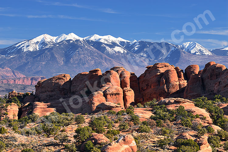 USA, Utah, Colorado Plateau,Arches National Park, Blick vom Devils Garden Campground in Richtung La Sal Mountains