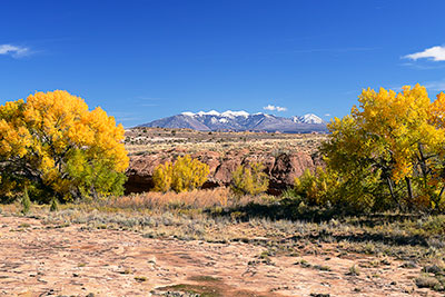 USA, Utah, Colorado Plateau,Arches National Park, Herbststimmung am Scenic Drive mit den La Sal Mountains im Hintergrund