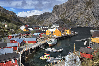 Norwegen, Nordland, Lofoten, Der Hafenbereich des historischen Museumsdorfs